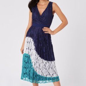 Navy Lace Color Block Midi Dress